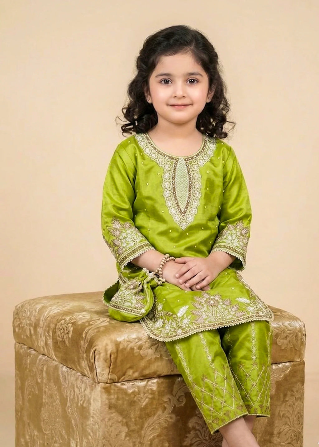 Kids Lime Green Kattan Silk Kurta & Trouser Set
