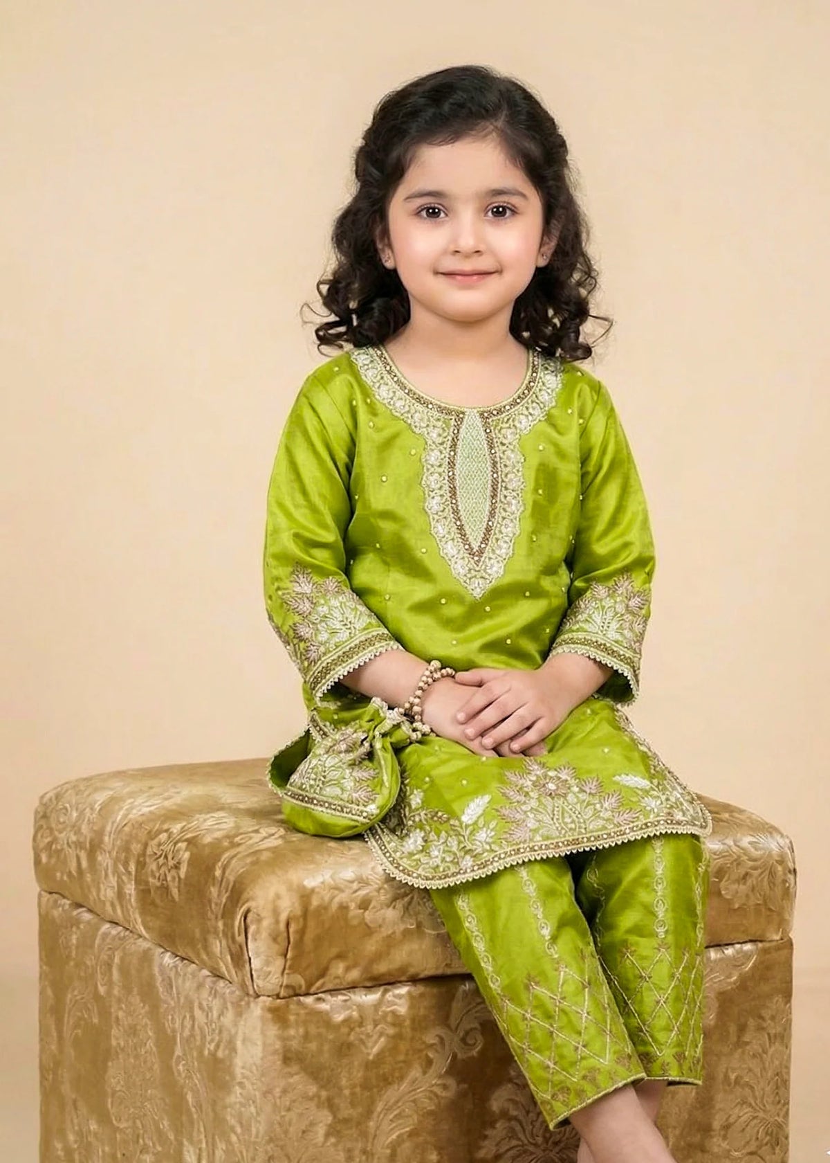 Kids Lime Green Kattan Silk Kurta & Trouser Set