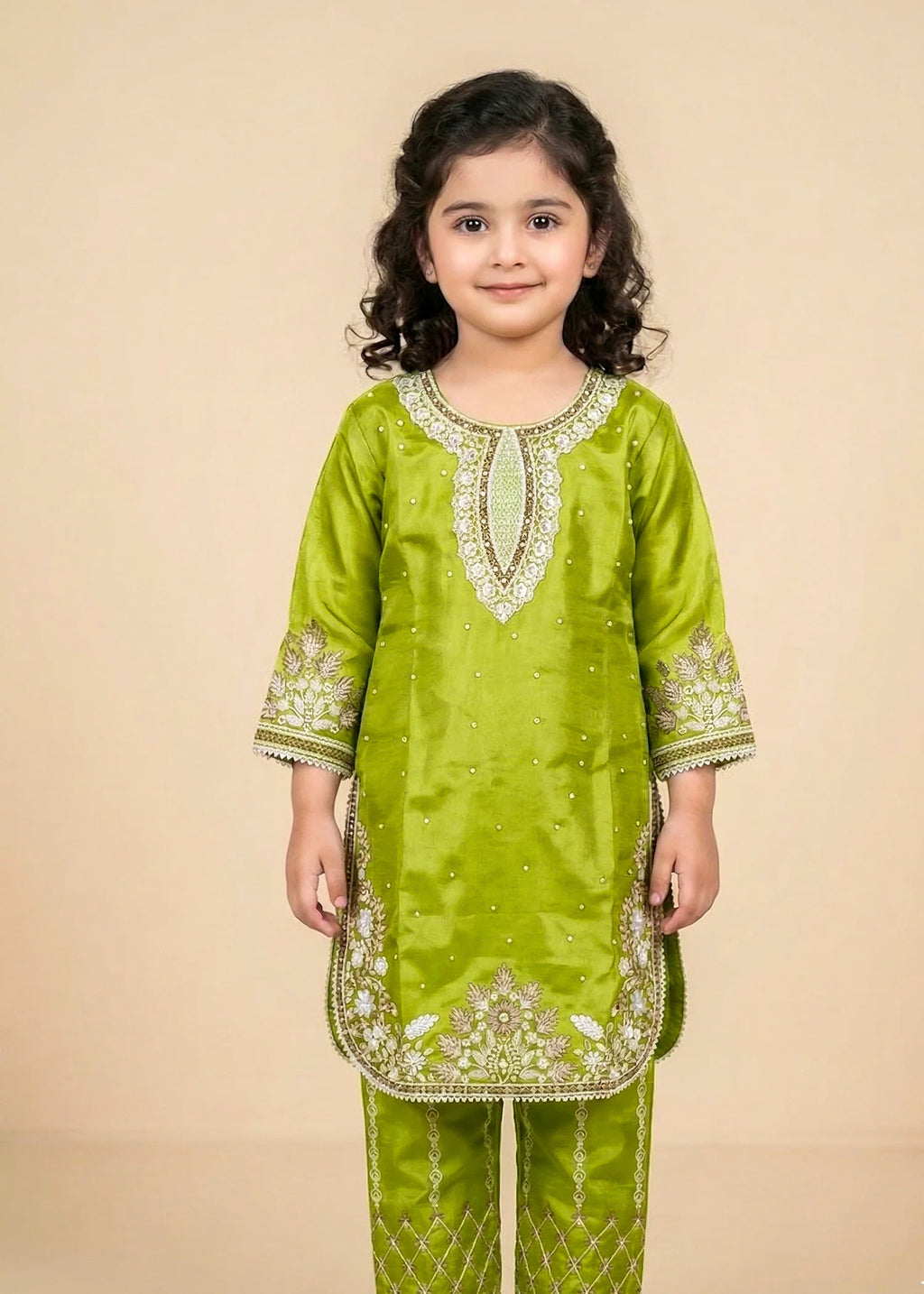 Kids Lime Green Kattan Silk Kurta & Trouser Set