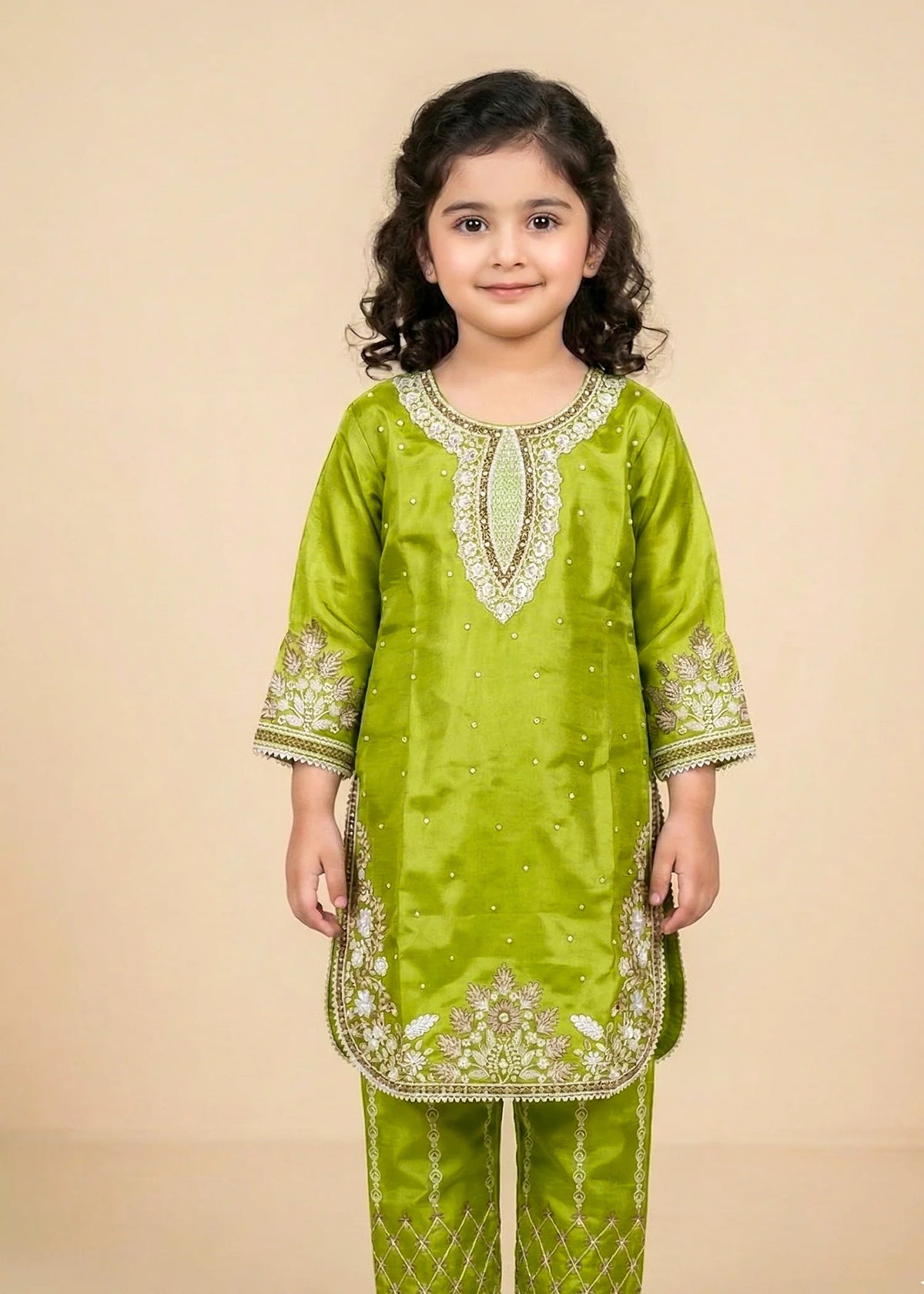 Kids Lime Green Kattan Silk Kurta & Trouser Set