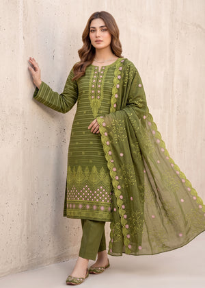 Olive Veil – Olive Premium Embroidered Linen Dress with Chiffon Dupatta