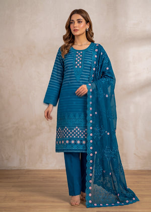 Teal Whisper – Teal Premium Embroidered Linen Dress with Chiffon Dupatta