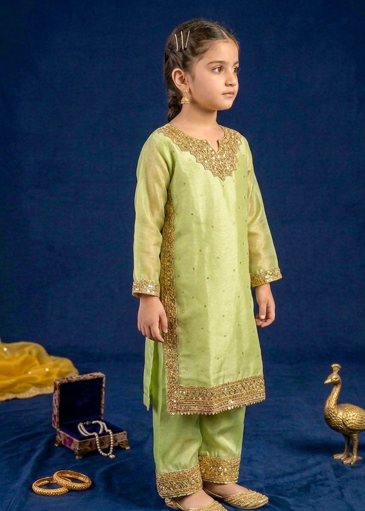 Key Lime Kattan Silk Kids Eid Kurta Set