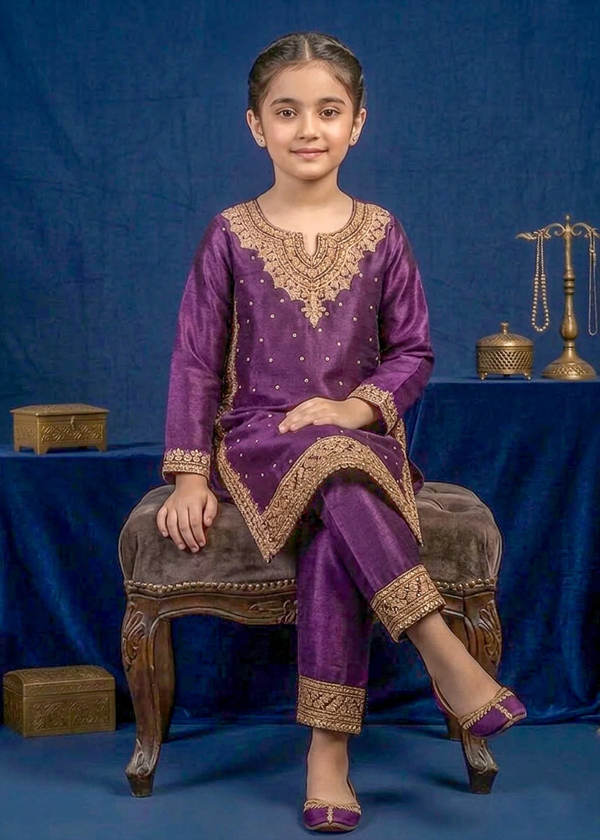 Kids Purple Kattan Silk Kurta & Trouser Set