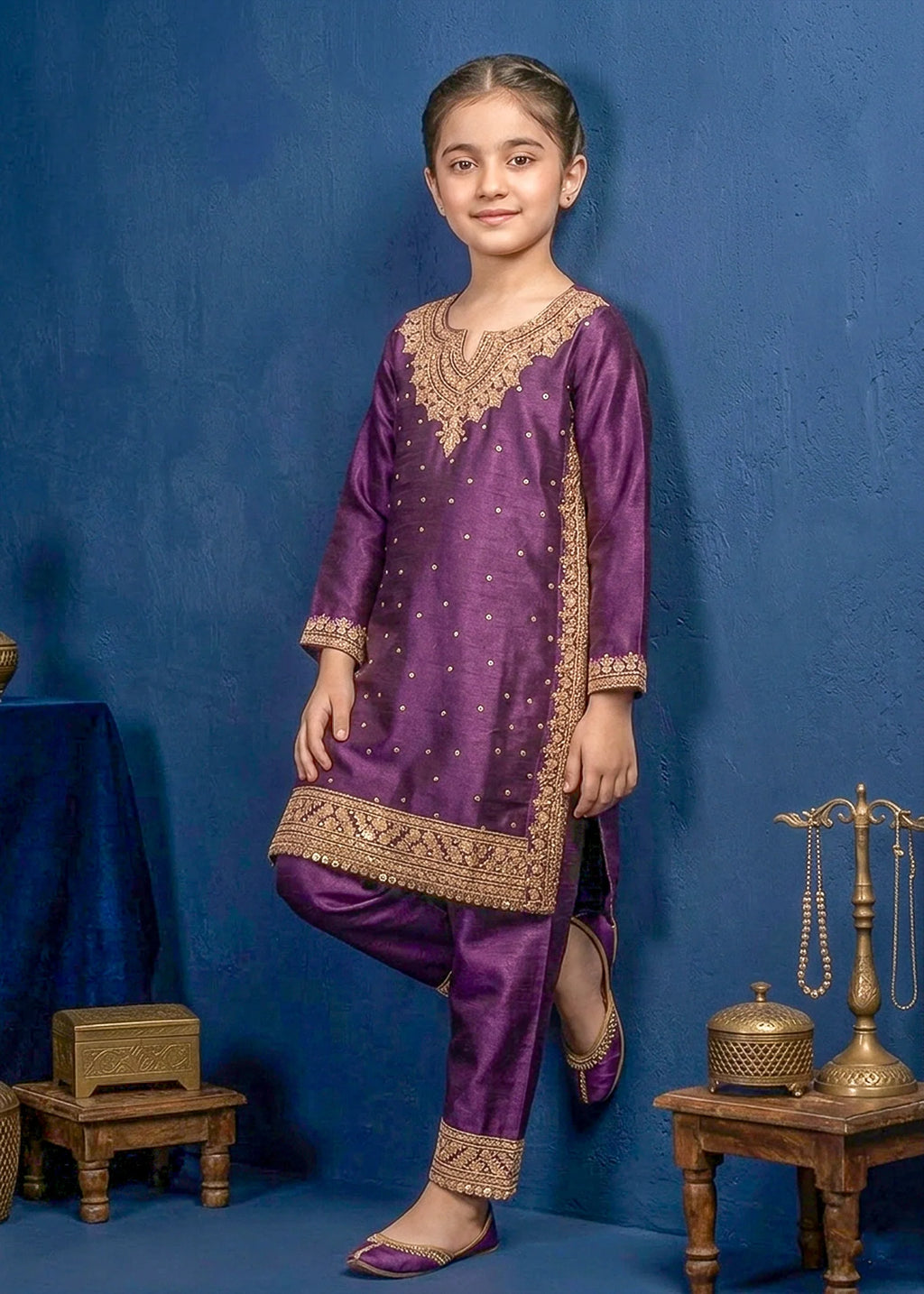 Kids Purple Kattan Silk Kurta & Trouser Set