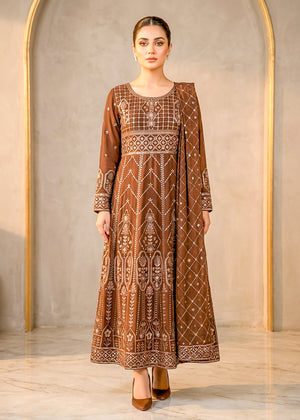 Mocha Elegance Embroidered Chiffon Maxi 3PC