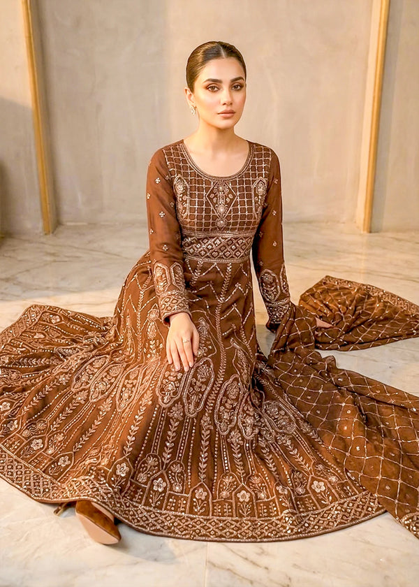 Mocha Elegance Embroidered Chiffon Maxi 3PC