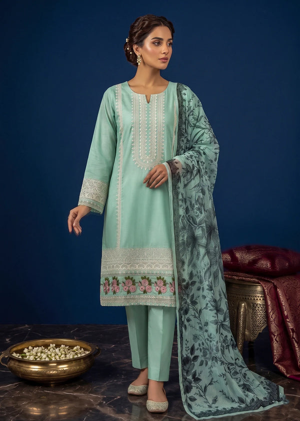 Mint Green Embroidered Lawn Kurta Set with Printed Dupatta