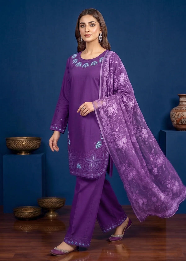 Elegant Purple Embroidered Cotton Kurta Set with Printed net Dupatta