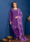 Elegant Purple Embroidered Cotton Kurta Set with Printed net Dupatta