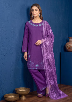 Elegant Purple Embroidered Cotton Kurta Set with Printed net Dupatta