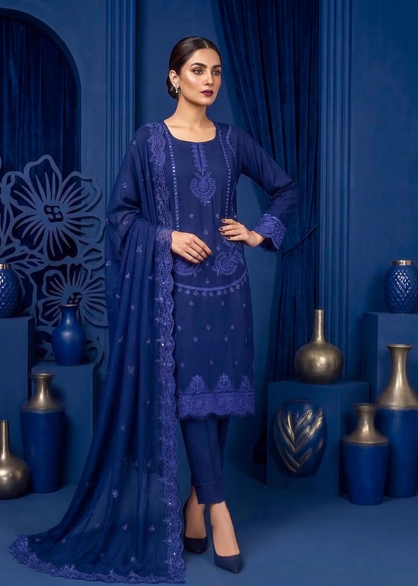 Elegant Embroidered Blue lawn Kurta Set with Chiffon Dupatta