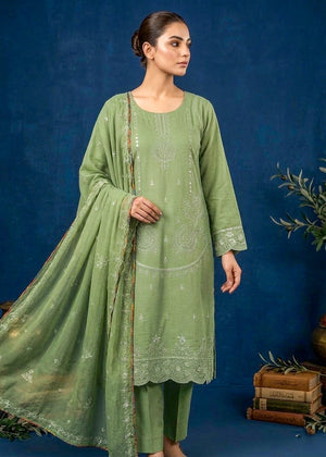 Elegant Sage Green Embroidered Cambric Kurta Set with Chiffon Dupatta