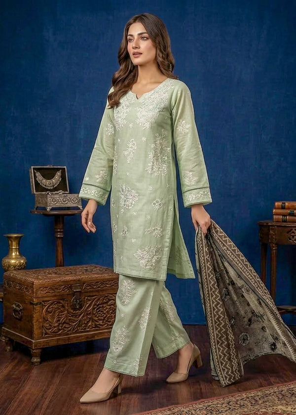 Tea Green Embroidered Cotton Kurta Set with Printed Dupatta