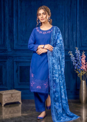 Royal Blue Embroidered Lawn Kurta Set with Printed Net Dupatta