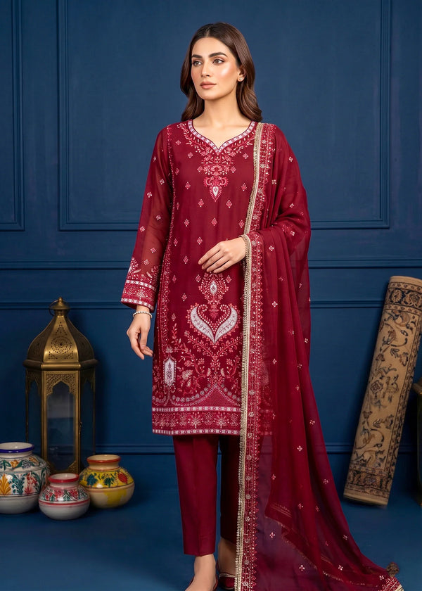 Maroon Embroidered Chiffon Kurta Set with Trousers & Dupatta