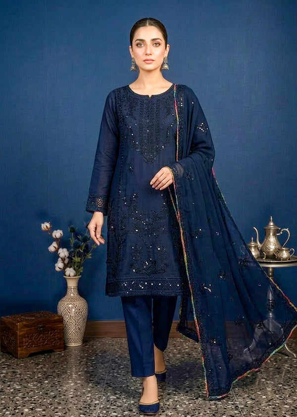 Navy Blue Embroidered Cotton Kurta Set with Dupatta