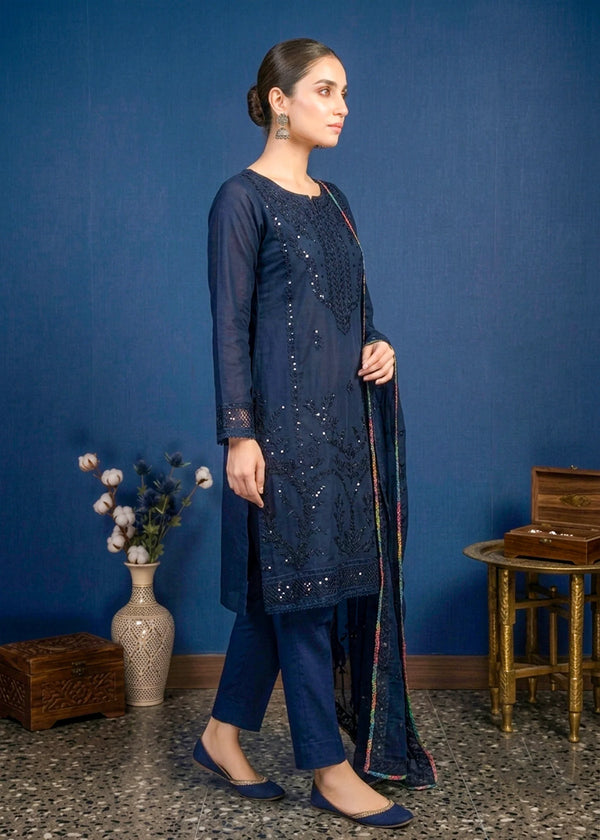 Navy Blue Embroidered Cotton Kurta Set with Dupatta