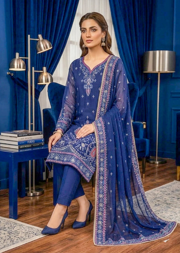 Navy Blue Embroidered Chiffon Kurta Set with Dupatta