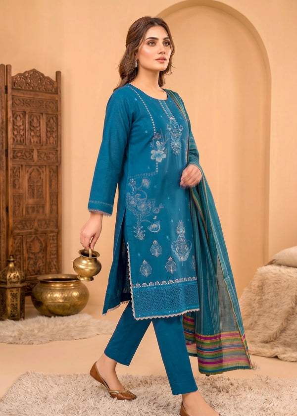 Teal Embroidered Cotton Kurta Set with Striped Dupatta