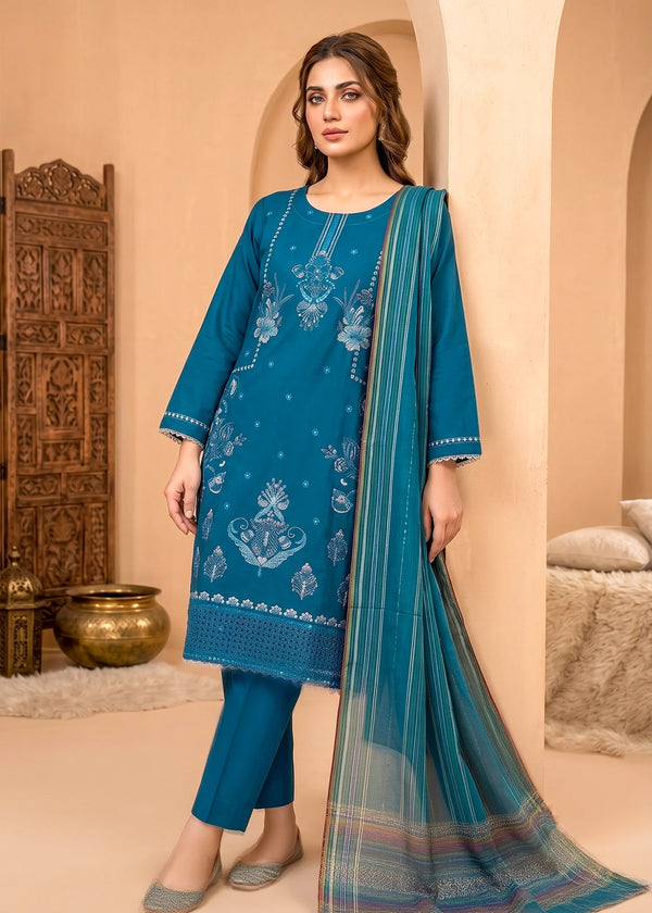 Teal Embroidered Cotton Kurta Set with Striped Dupatta