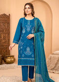 Teal Embroidered Cotton Kurta Set with Striped Dupatta