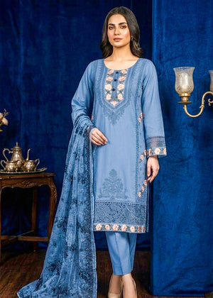 Elegant Blue Embroidered Lawn Kurta Set with Printed Dupatta