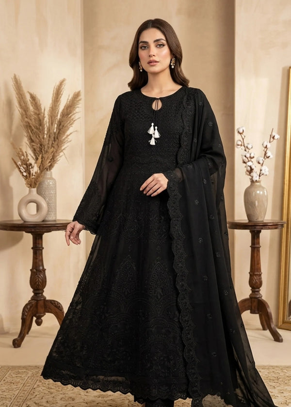Elegant Black Embroidered Chiffon A-Line Maxi Dress with Dupatta