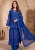 Elegant Royal Blue Embroidered Chiffon Maxi with Dupatta and Trousers