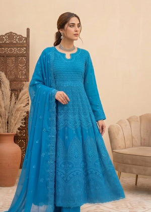 Embroidered Azure Chiffon Anarkali Maxi with Dupatta and Trousers