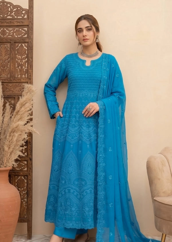 Embroidered Azure Chiffon Anarkali Maxi with Dupatta and Trousers