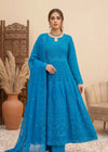 Embroidered Azure Chiffon Anarkali Maxi with Dupatta and Trousers