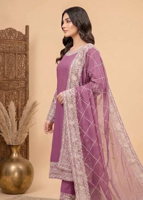 Embroidered Mulberry Kurta Set with Chiffon Dupatta