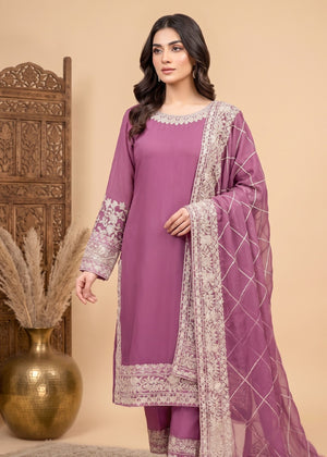 Embroidered Mulberry Kurta Set with Chiffon Dupatta