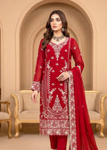 Red Embroidered Chiffon Kurta Set with Dupatta