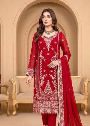 Red Embroidered Chiffon Kurta Set with Dupatta