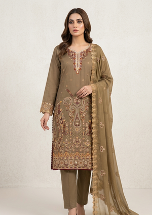 Olive Green Embroidered Lawn Kurta Set with Chiffon Dupatta