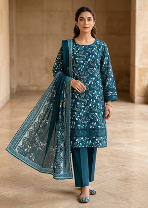 Teal Blue Floral Printed Lawn Kurta Set with Dupatta