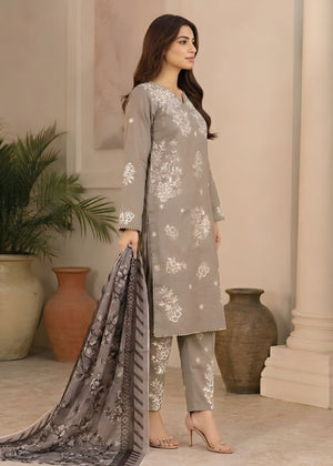 Embroidered Ash Grey Cotton Kurta Set with Printed Dupatta