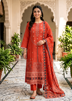 Rust Orange Embroidered Cotton Kurta Set with Chiffon Dupatta