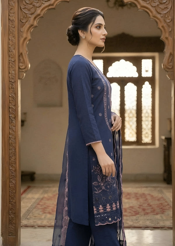 Navy Blue Embroidered Kurta Set with Mirror Work and Chiffon Dupatta