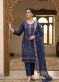 Navy Blue Embroidered Kurta Set with Mirror Work and Chiffon Dupatta
