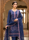 Navy Blue Embroidered Kurta Set with Mirror Work and Chiffon Dupatta