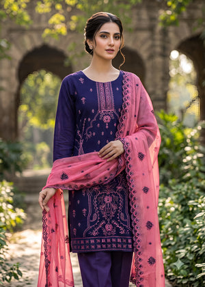 Navy Blue Embroidered Linen Kurta Set with Peach Chiffon Dupatta