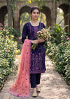 Navy Blue Embroidered Linen Kurta Set with Peach Chiffon Dupatta