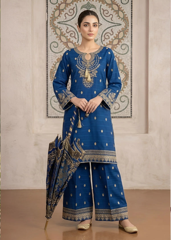 Royal Blue Embroidered Cotton Jacquard Kurta Set