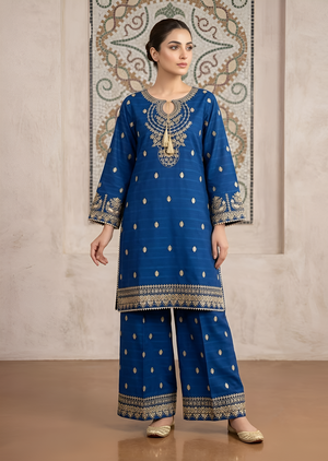 Royal Blue Embroidered Cotton Jacquard Kurta Set