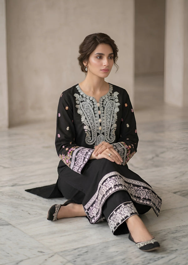 Black Embroidered Cotton Kurta Set with Straight Trousers