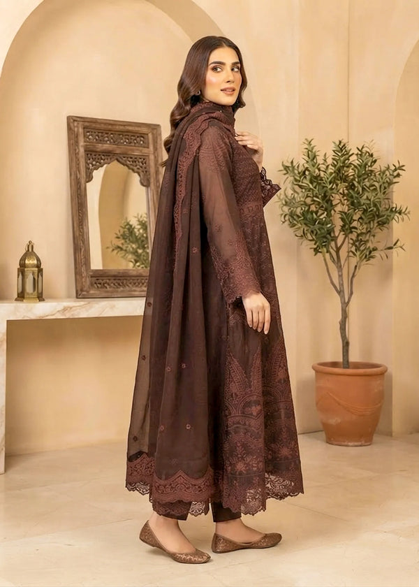 Elegant Dark Brown Embroidered Chiffon Maxi Suit