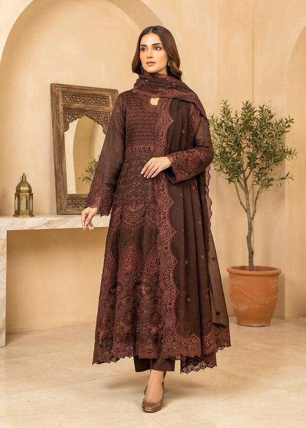Elegant Dark Brown Embroidered Chiffon Maxi Suit